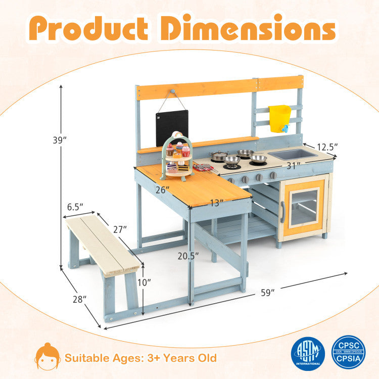 Dimensions of the Ultimate Kids Outdoor Play Complex: 4-in-1 Wooden Mud Kitchen & BBQ Grill Set with Picnic Table.