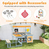 Wooden mud kitchen and BBQ grill set with picnic table, featuring toy cookware and immersive accessories for outdoor.