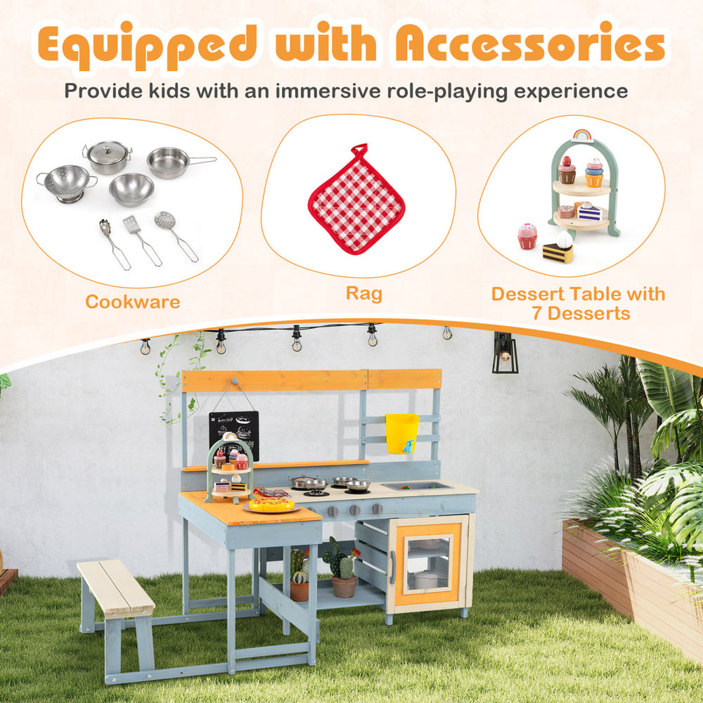 Wooden mud kitchen and BBQ grill set with picnic table, featuring toy cookware and immersive accessories for outdoor.