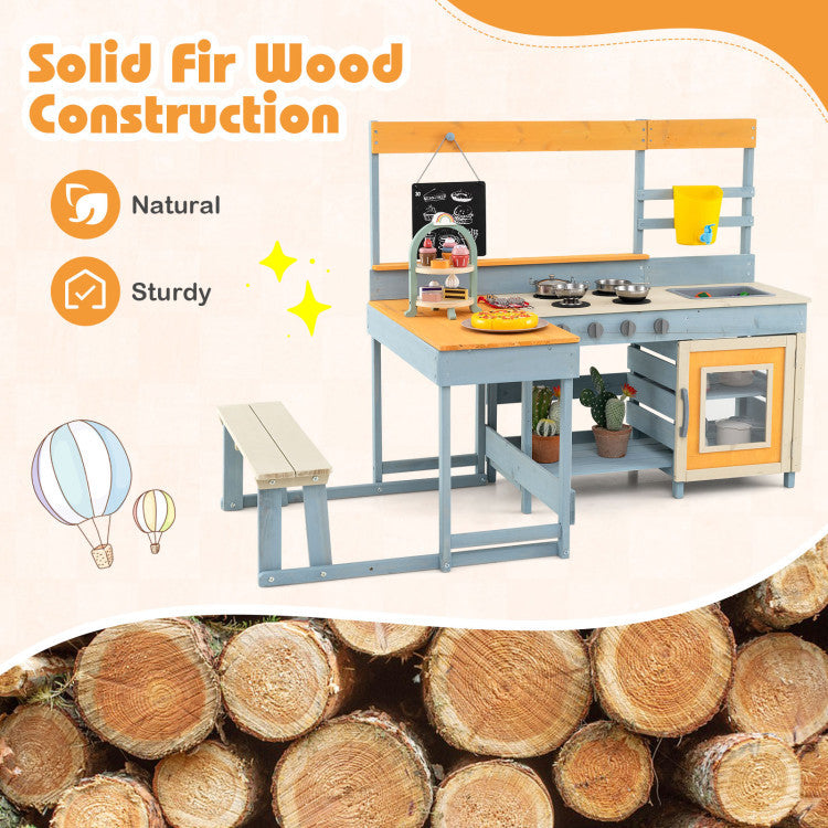 4-in-1 wooden mud kitchen and BBQ grill set with picnic table, made of solid fir wood for outdoor play.