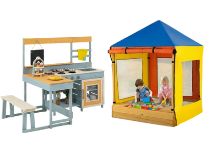 Costway Kids Outdoor Wooden Mud Kitchen Picnic Table Sandbox Play Center 84634980 New