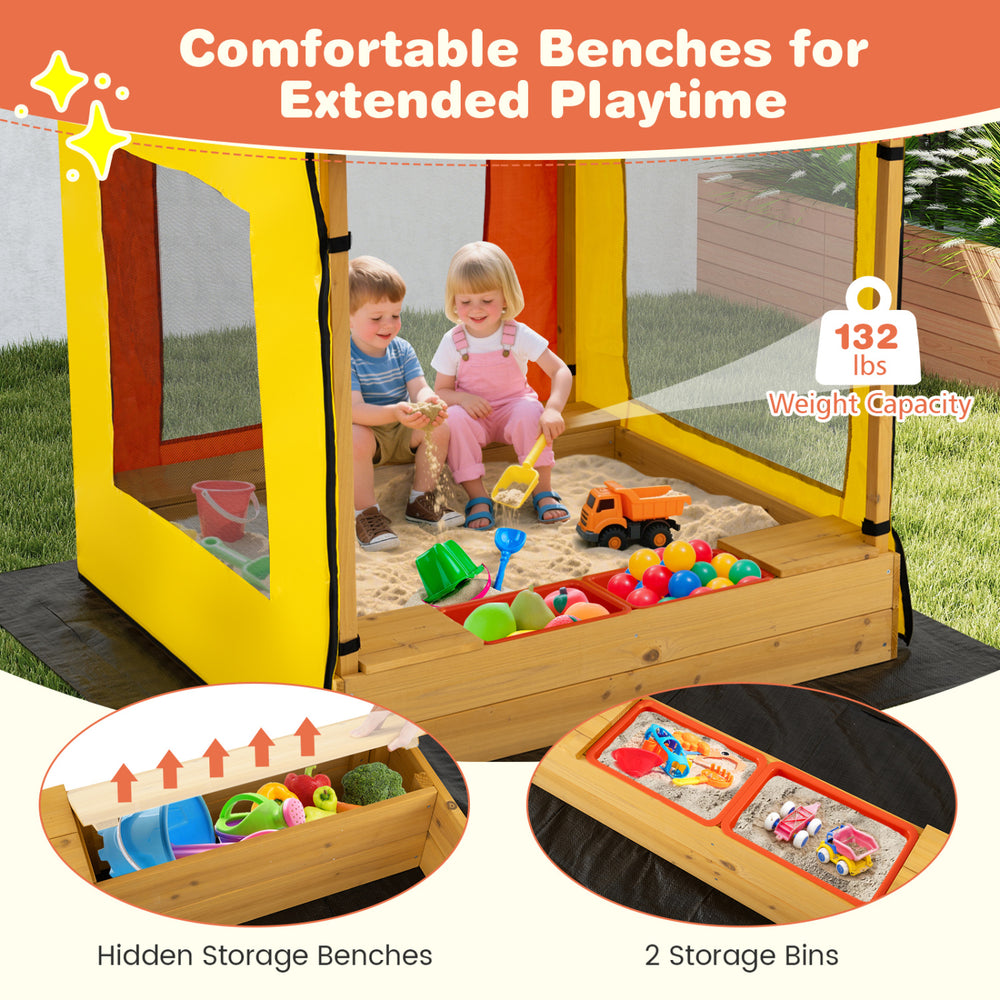 Kids playing in the Ultimate Kids Outdoor Backyard Play Center with sandbox, storage bins, and protective canopy.
