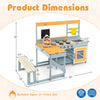 Dimensions of the Ultimate Kids Outdoor Backyard Play Center, showcasing the mud kitchen, picnic table, and sandbox.