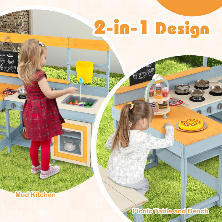 Kids playing at the 3-in-1 wooden mud kitchen and picnic table set with a protective canopy for outdoor fun.