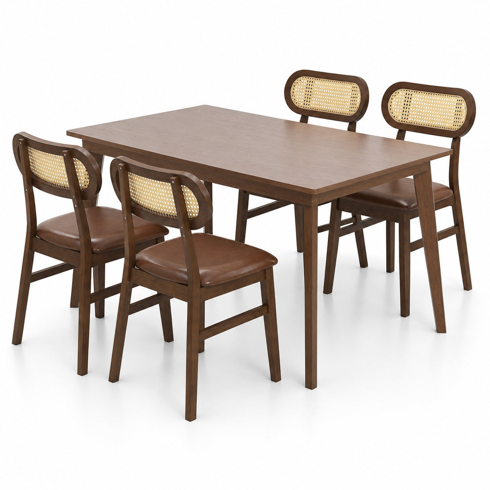 48-inch dining table set for 4 with rattan chairs, featuring a brown wood finish and comfortable padded seats.
