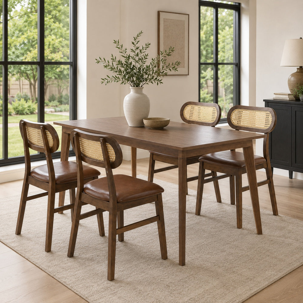 Close-up of the rattan backrest on a dining chair, highlighting its natural texture and mid-century design for stylish.