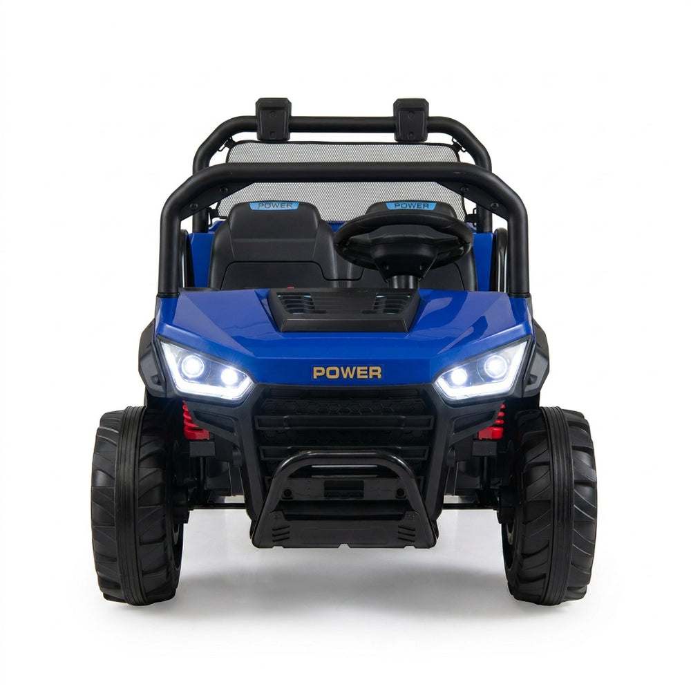 Front view of the 24V kids ride-on dump truck in blue, featuring LED lights and a 2-seater design for outdoor fun.