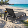 Gray outdoor chaise lounge chair with adjustable backrest on the beach, ideal for relaxing by the poolside or garden.