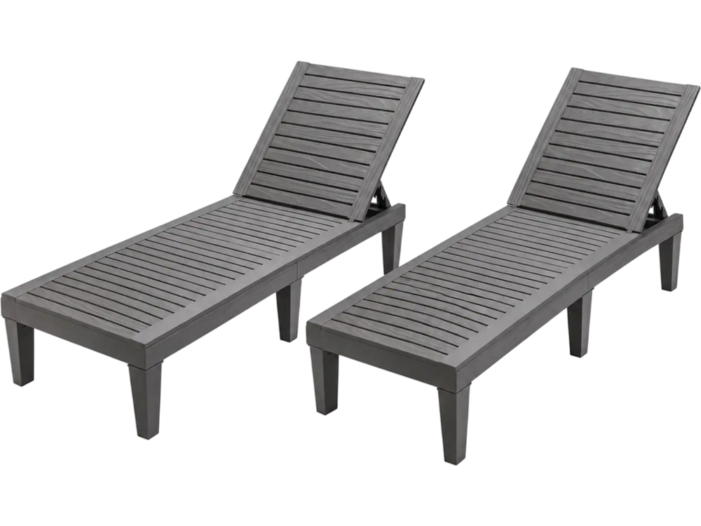 Set of 2 gray outdoor chaise lounge chairs with adjustable backrests, perfect for patio and poolside relaxation.