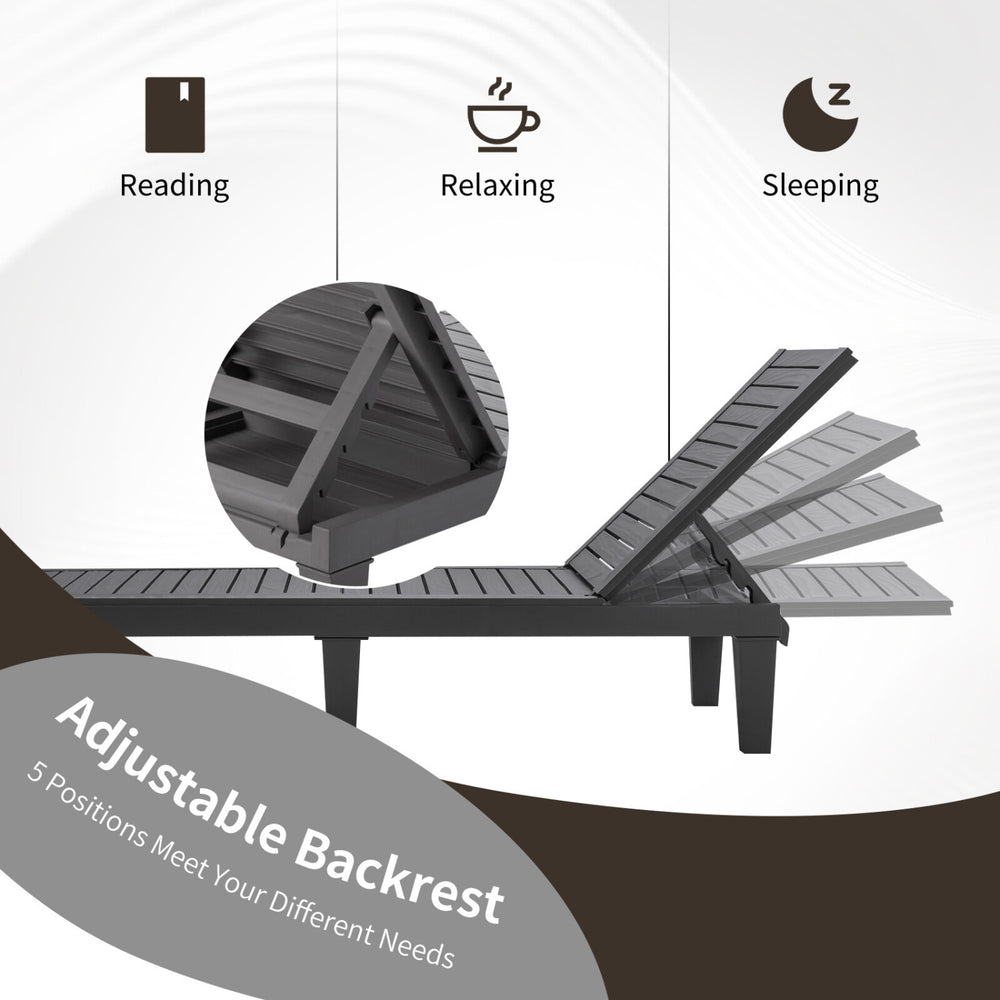 Adjustable backrest of gray outdoor chaise lounge chair, offering 5 positions for reading, relaxing, or sleeping.