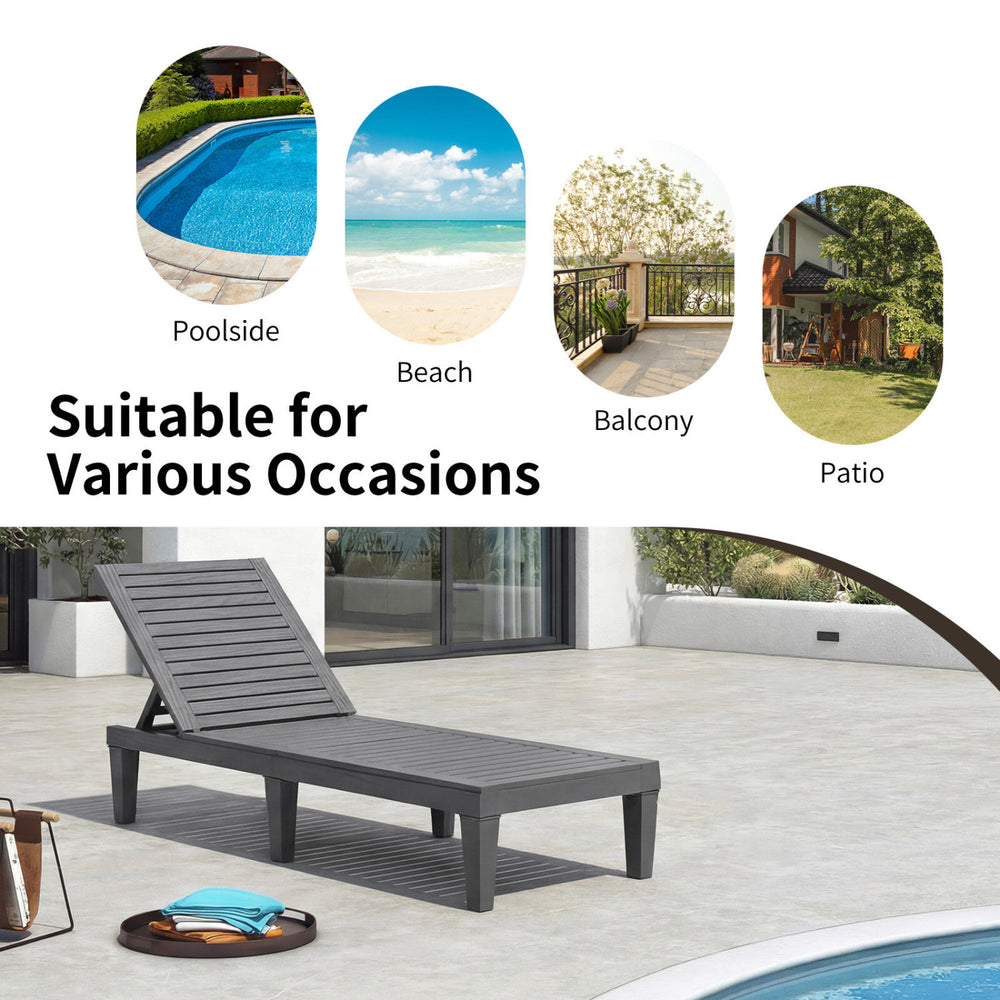 Gray outdoor chaise lounge chair with adjustable backrest, perfect for patio, poolside, or garden relaxation.
