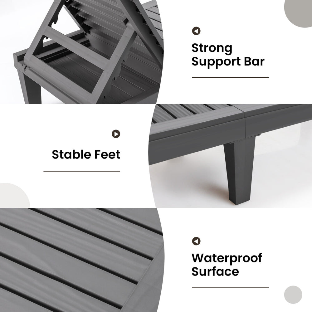 Close-up of the adjustable backrest and strong support bar of the gray outdoor chaise lounge chair, perfect for patio.
