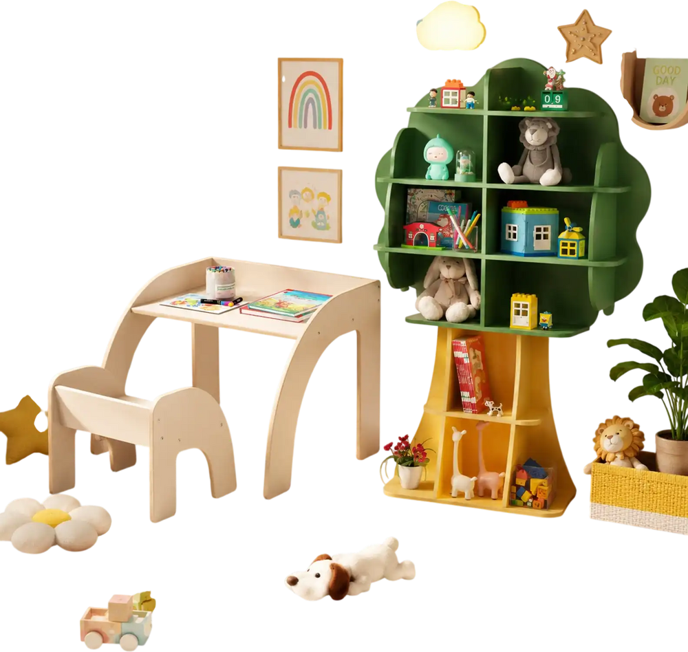 Kids Table and Chair Set with Tree Shape Bookshelf Storage Organizer