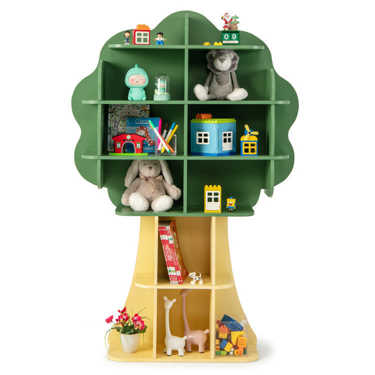 Tree-shaped bookshelf storage organizer with multiple shelves for toys and books, ideal for kids' playrooms and.