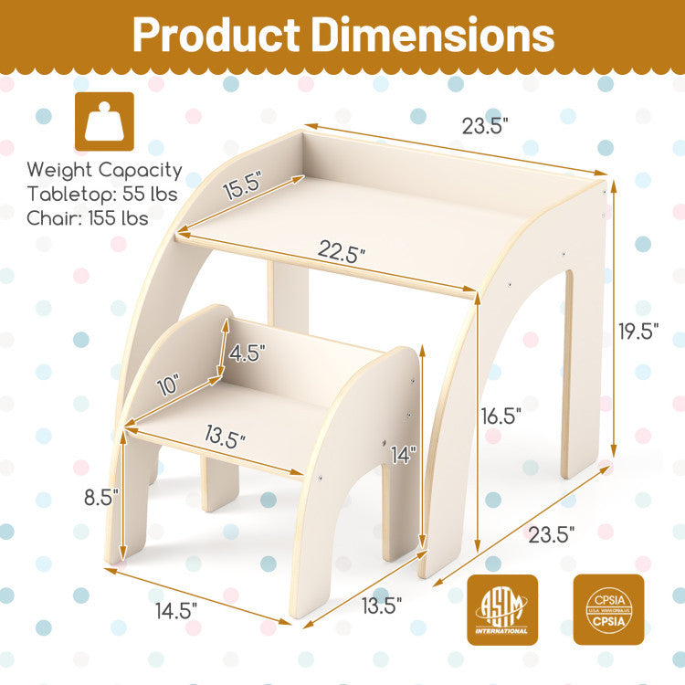 Dimensions of the kids table and chair set with tree shape bookshelf storage, designed for playrooms and classrooms.