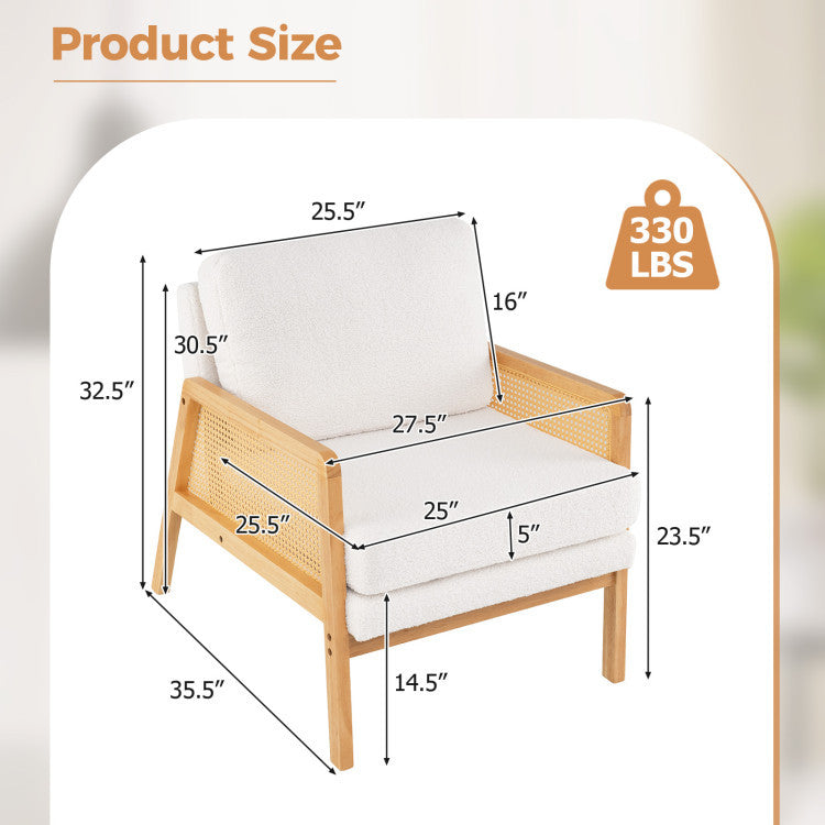 Mid-century modern accent chair with PE rattan armrests, soft sherpa fabric, and ergonomic design for comfort.