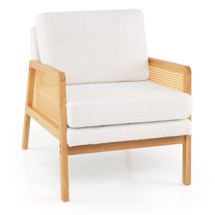 Mid-century modern accent chair with soft sherpa fabric, PE rattan armrests, and ergonomic backrest for comfortable.