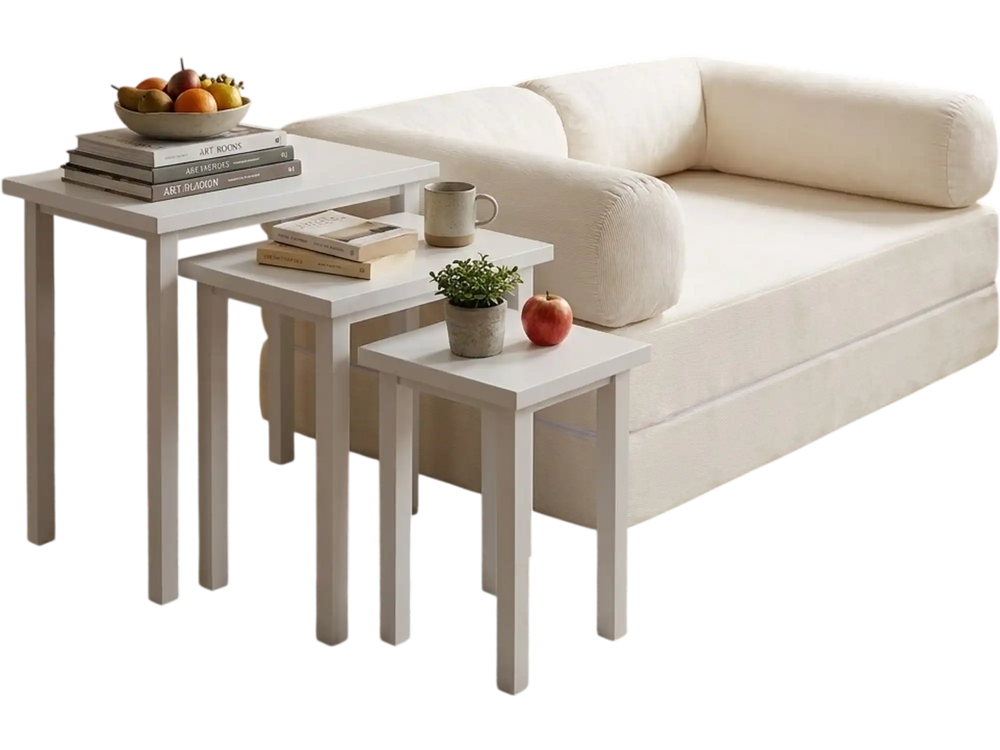 Convertible sofa bed with side tables, featuring a soft corduroy cover and space-saving design for versatile use.