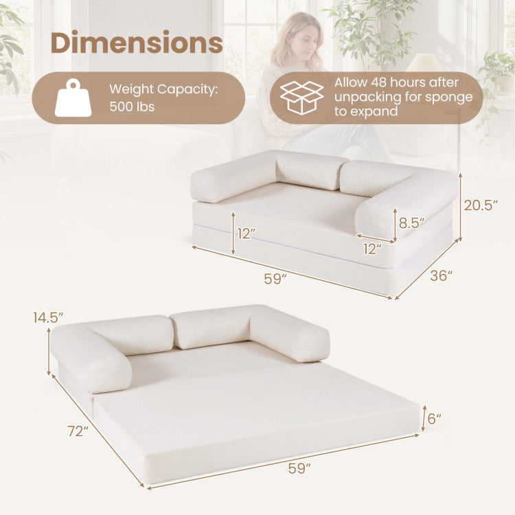 Convertible sofa bed with L-shaped armrests, soft corduroy cover, and dimensions for versatile seating and sleeping.