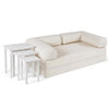 Convertible folding sofa bed with soft corduroy cover and three stackable side tables for versatile living space.