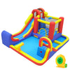 Colorful 7-in-1 outdoor bounce house with dual slides, basketball hoop, and 680W blower for endless water fun.