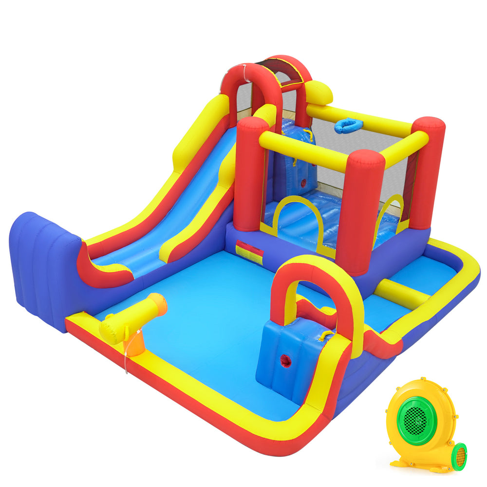 Colorful 7-in-1 outdoor bounce house with dual slides, basketball hoop, and 680W blower for endless water fun.