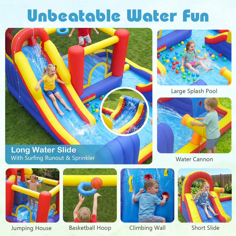 7-in-1 outdoor bounce house featuring dual slides, basketball hoop, and water cannon for ultimate backyard fun.