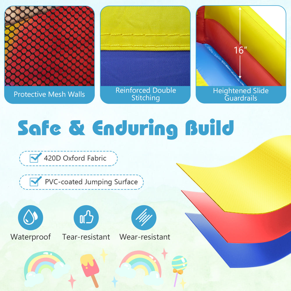 Close-up of the 7-in-1 outdoor bounce house showing waterproof 420D oxford fabric and reinforced stitching for.