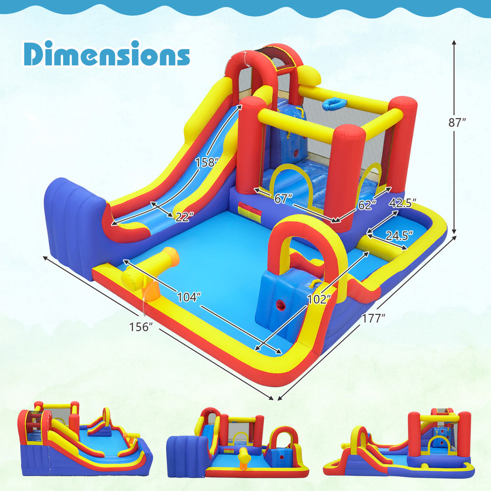Dimensions of the 7-in-1 outdoor bounce house with dual slides, featuring a water slide and climbing wall for fun.