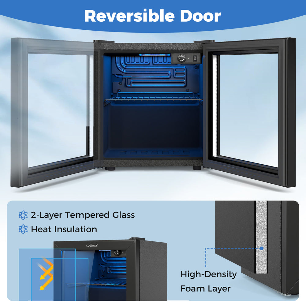 Nugget ice maker and beverage cooler combo with reversible door, featuring adjustable shelves for compact drink storage.