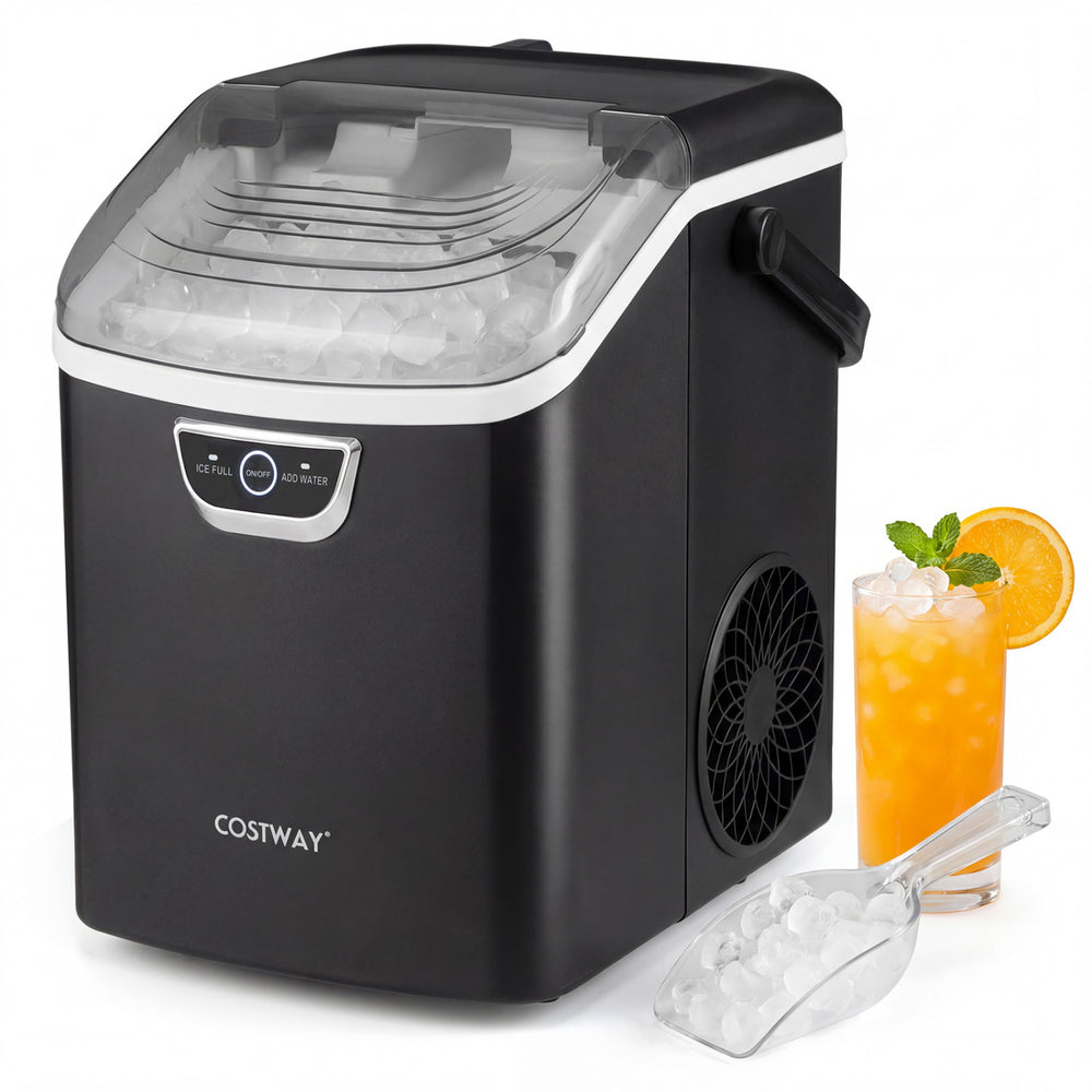 Nugget ice maker and beverage cooler combo in black, producing chewable ice for drinks, ideal for compact spaces.