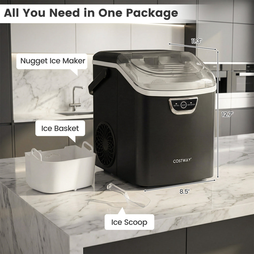 Nugget ice maker and beverage cooler combo with ice basket and scoop, perfect for compact kitchen or entertainment.