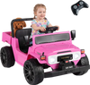 Pink 12V electric ride-on truck with dump bed, parent remote, and music panel for kids aged 3-6 years.