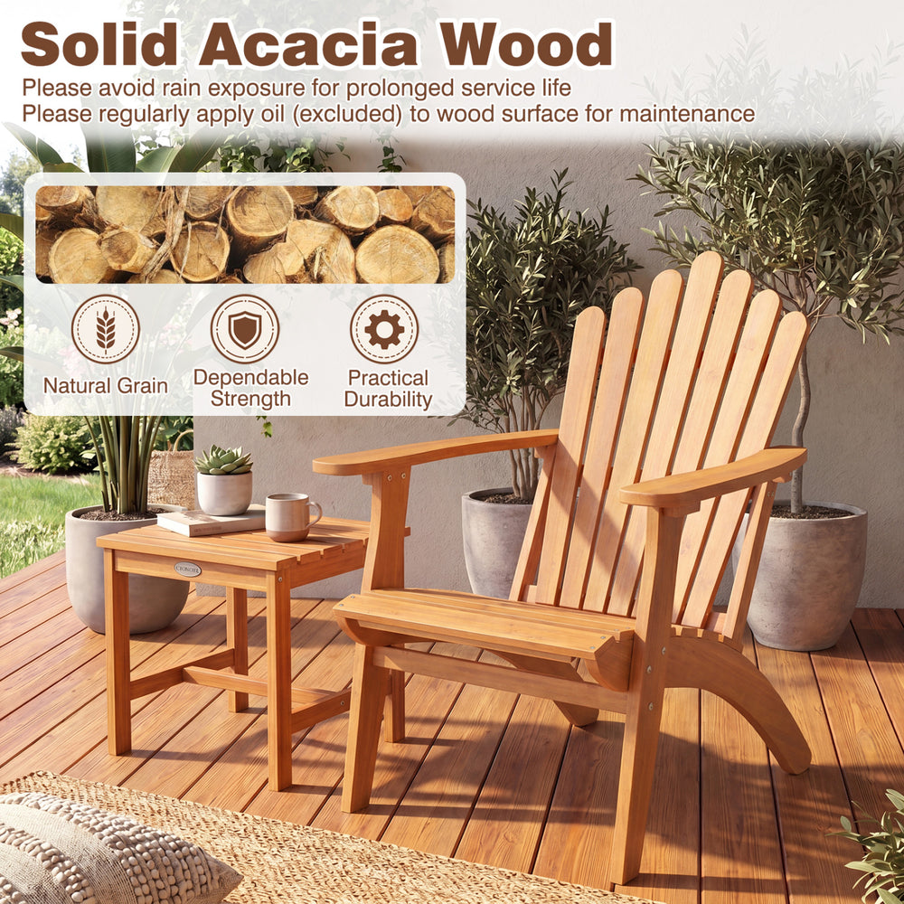 Adirondack chair set with angled backrest and wide armrests, made of solid acacia wood, ideal for patio relaxation.