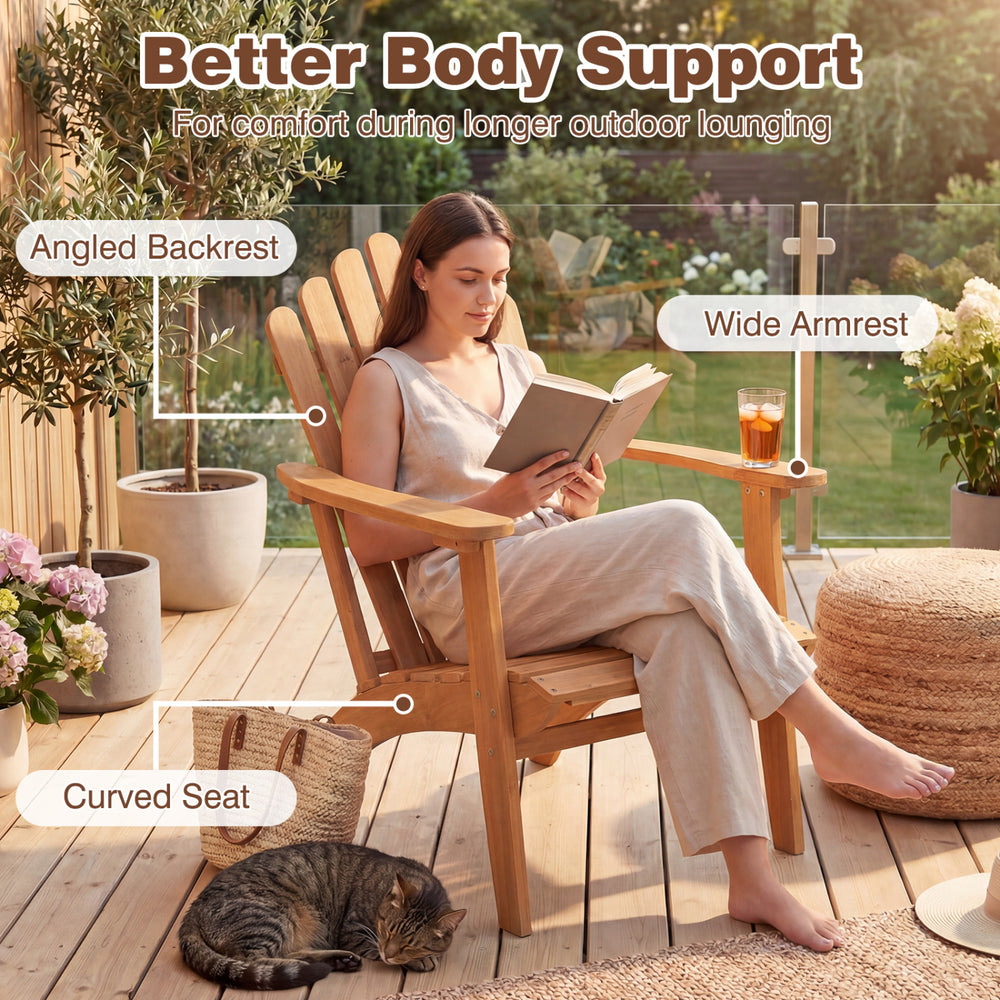 Adirondack chair with angled backrest and wide armrests, made of acacia wood, perfect for outdoor lounging on the deck.