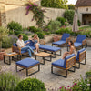 Acacia wood patio furniture set featuring a conversation sofa, chaise lounge, and dining table for outdoor gatherings.
