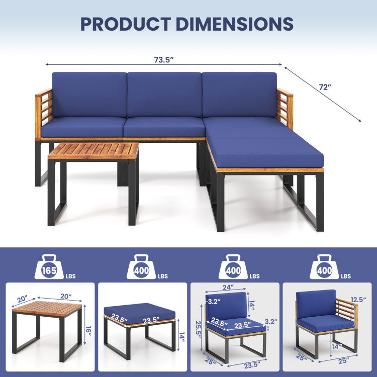 Detailed dimension chart for acacia wood patio furniture set, showcasing sizes for optimal space planning in outdoor.