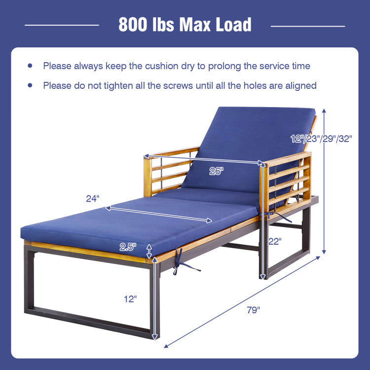 Acacia wood lounge chair with adjustable backrest and soft cushions, perfect for outdoor relaxation and gatherings.