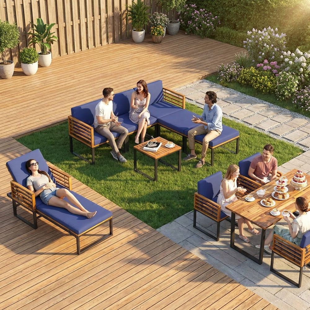 Acacia wood patio furniture set arranged for entertaining, featuring a spacious dining table and cozy seating for.