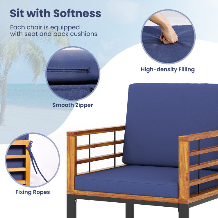 Single acacia wood chair with blue cushion, featuring a smooth zipper and high-density filling for outdoor comfort.