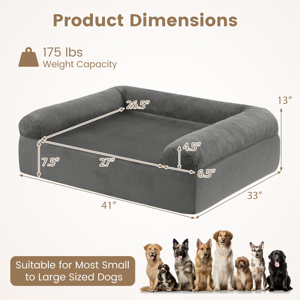 Dog bed dimensions showing 41" x 33" x 13", designed for small to medium dogs with cooling gel memory foam.