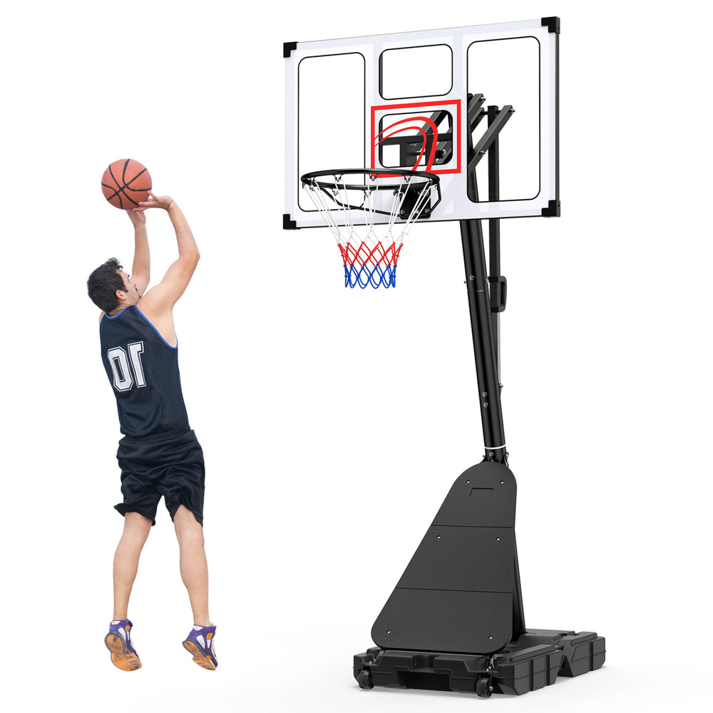 Adjustable 4.9-10 feet portable basketball hoop with fillable base, suitable for kids and adults, ideal for outdoor.