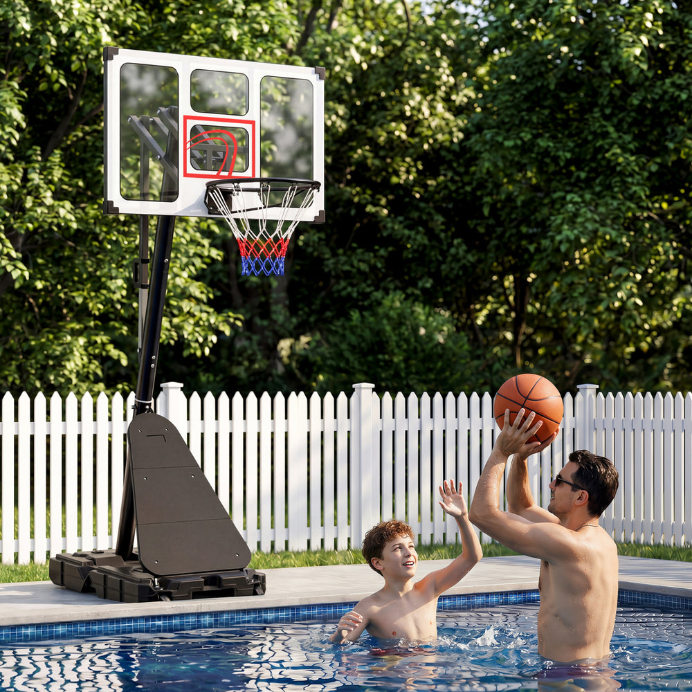 Portable basketball hoop adjustable from 4.9-10 feet, with a fillable base, perfect for poolside fun and training.