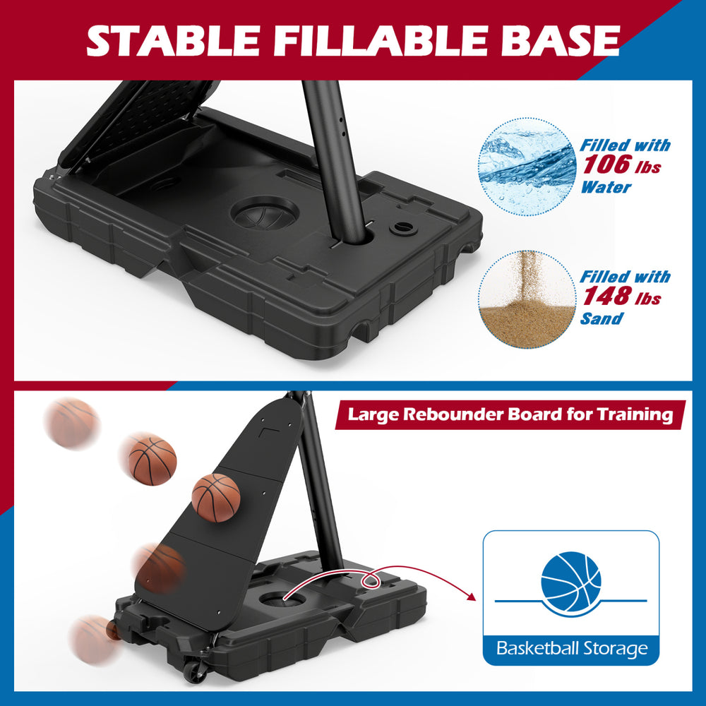 Portable basketball hoop with adjustable height, fillable base, and large rebounder board for training and storage.