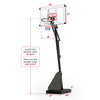 Adjustable 4.9-10 feet portable basketball hoop with fillable base, shown with dimensions for versatile placement.