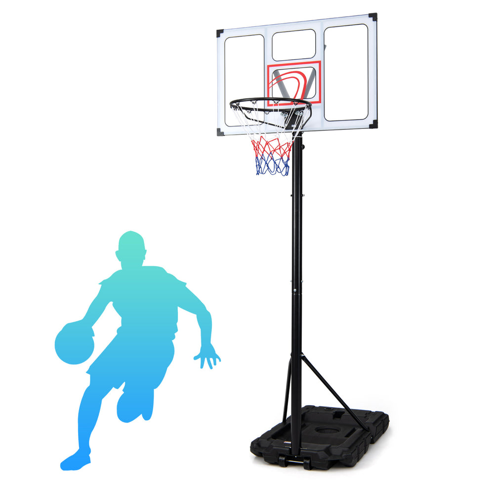 Portable basketball hoop with shatterproof backboard and adjustable height, designed for backyard play and easy storage.