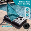 Portable basketball hoop base with water and sand fill options for stability, featuring basketball storage and wheels.