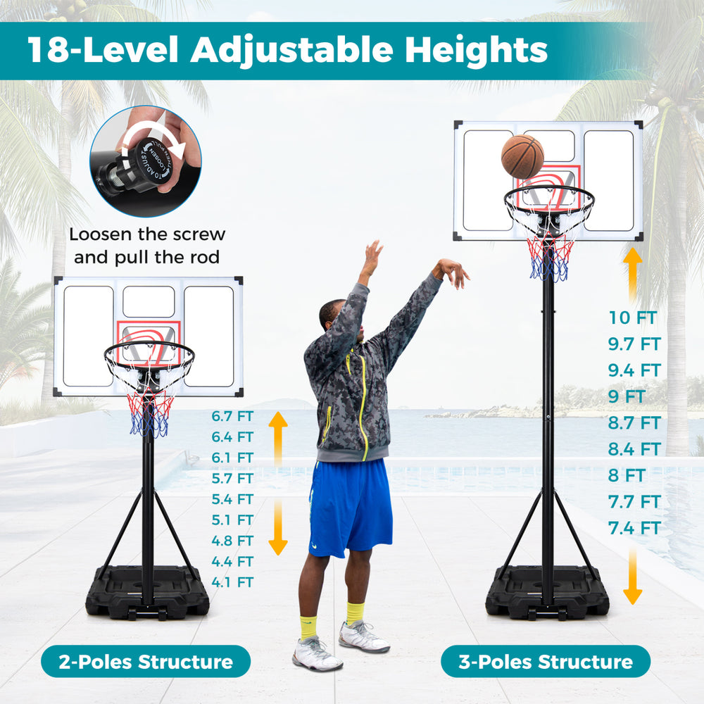 Portable basketball hoop with adjustable heights from 4.1 to 10 FT, featuring a shatterproof backboard and fillable.