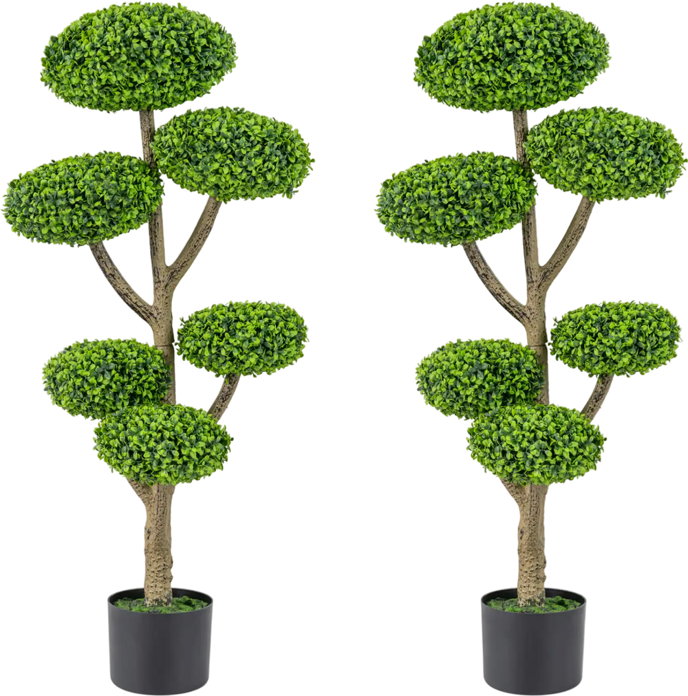 Set of 2 Indoor Outdoor 6 Balls Topiary Tree with Realistic Trunk and Weighted Cement-Filled Base