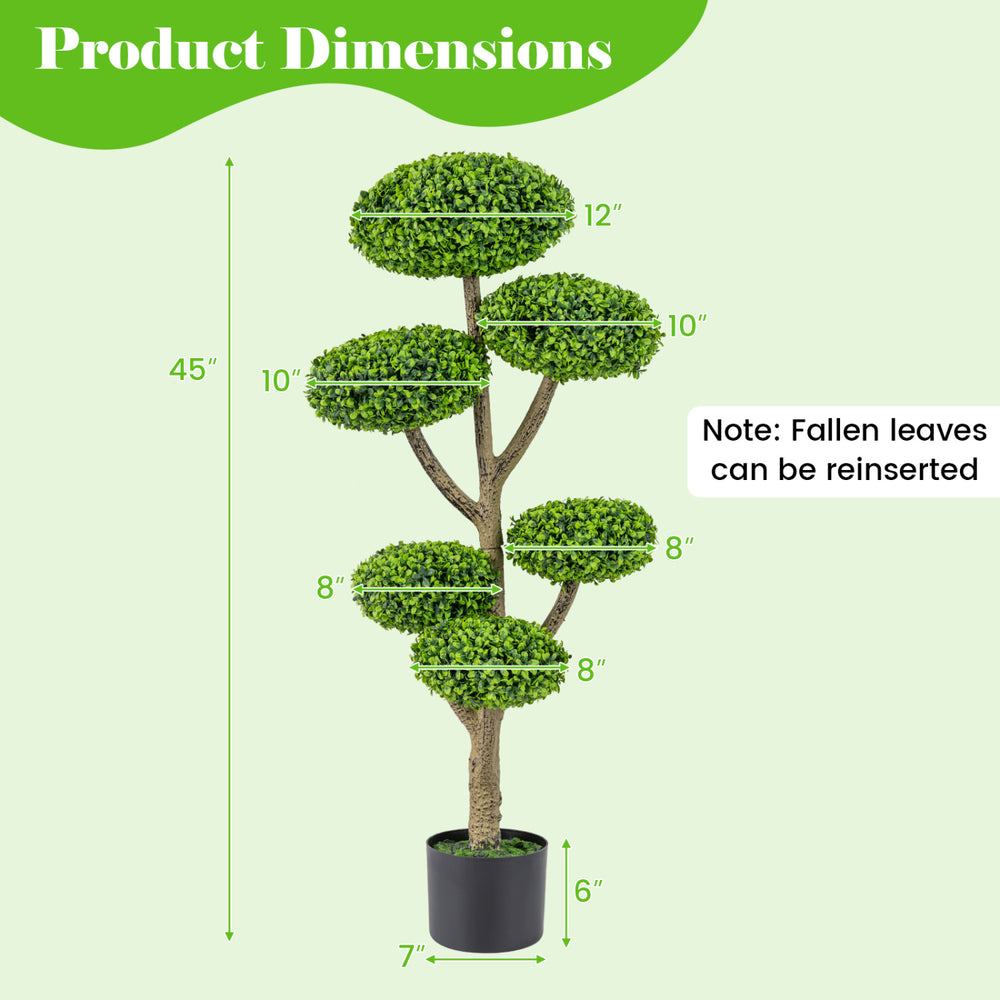 Indoor outdoor topiary tree with 6 balls, realistic trunk, and weighted cement-filled base, perfect for versatile decor.